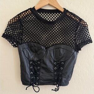 Chic Black Mesh and Faux Leather Lace-Up Top